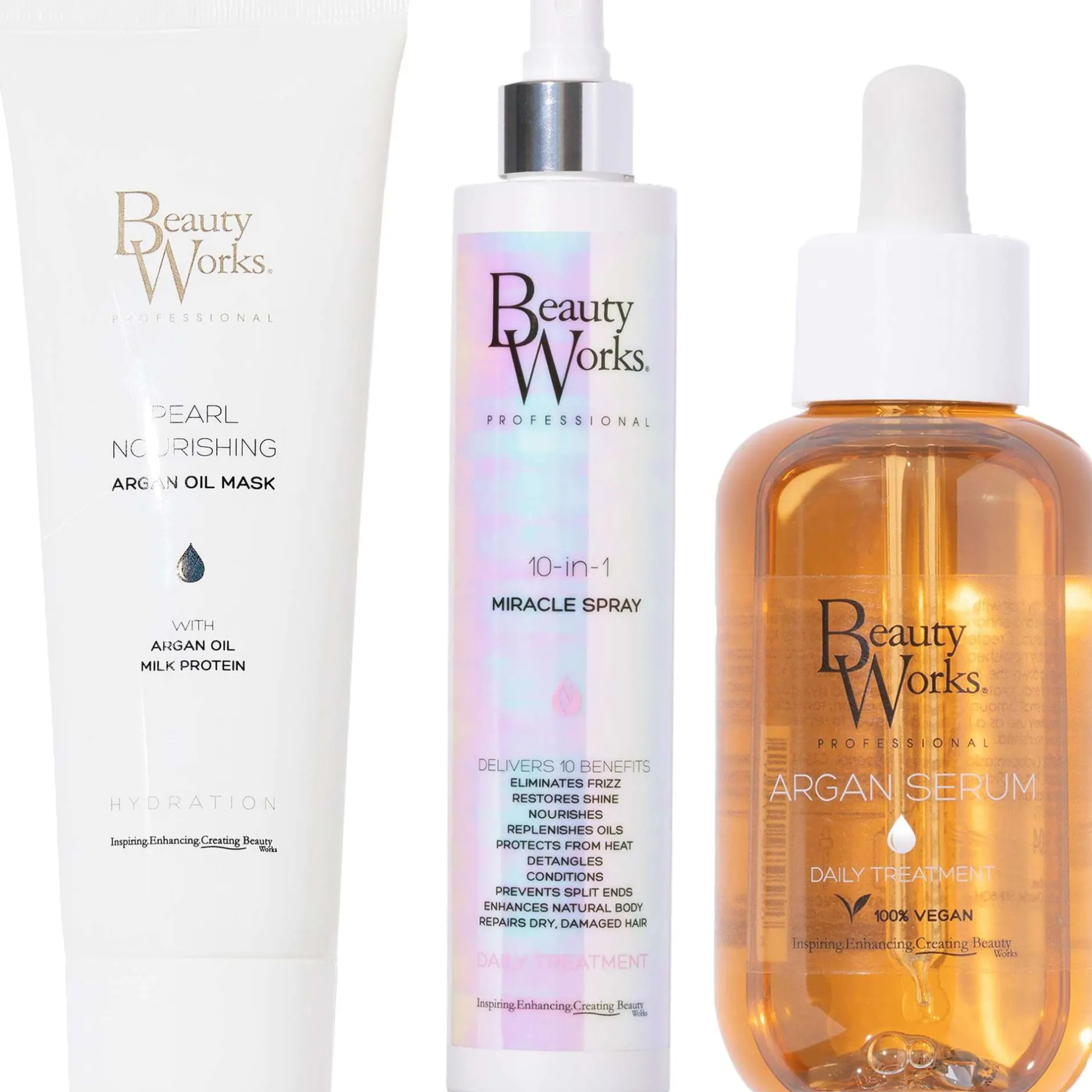 Beauty Works Bundles Trio: Pearl Nourishing Argan Oil Mask 250ml, 10 in 1 Miracle Spray 250ml & Argan Oil Serum 90ml Clearance