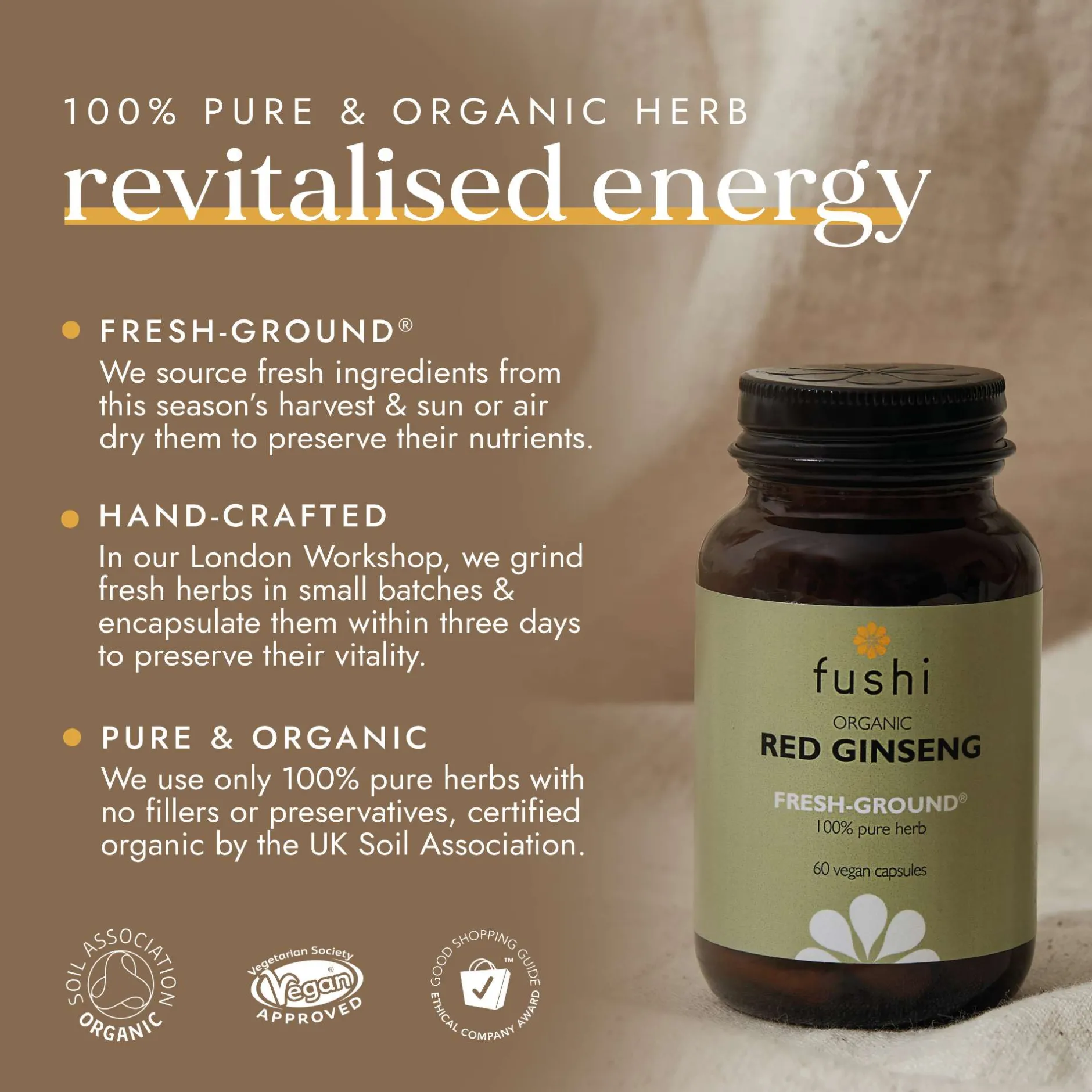Fushi Single Herb Supplements Organic Red Ginseng x 60 Capsules New