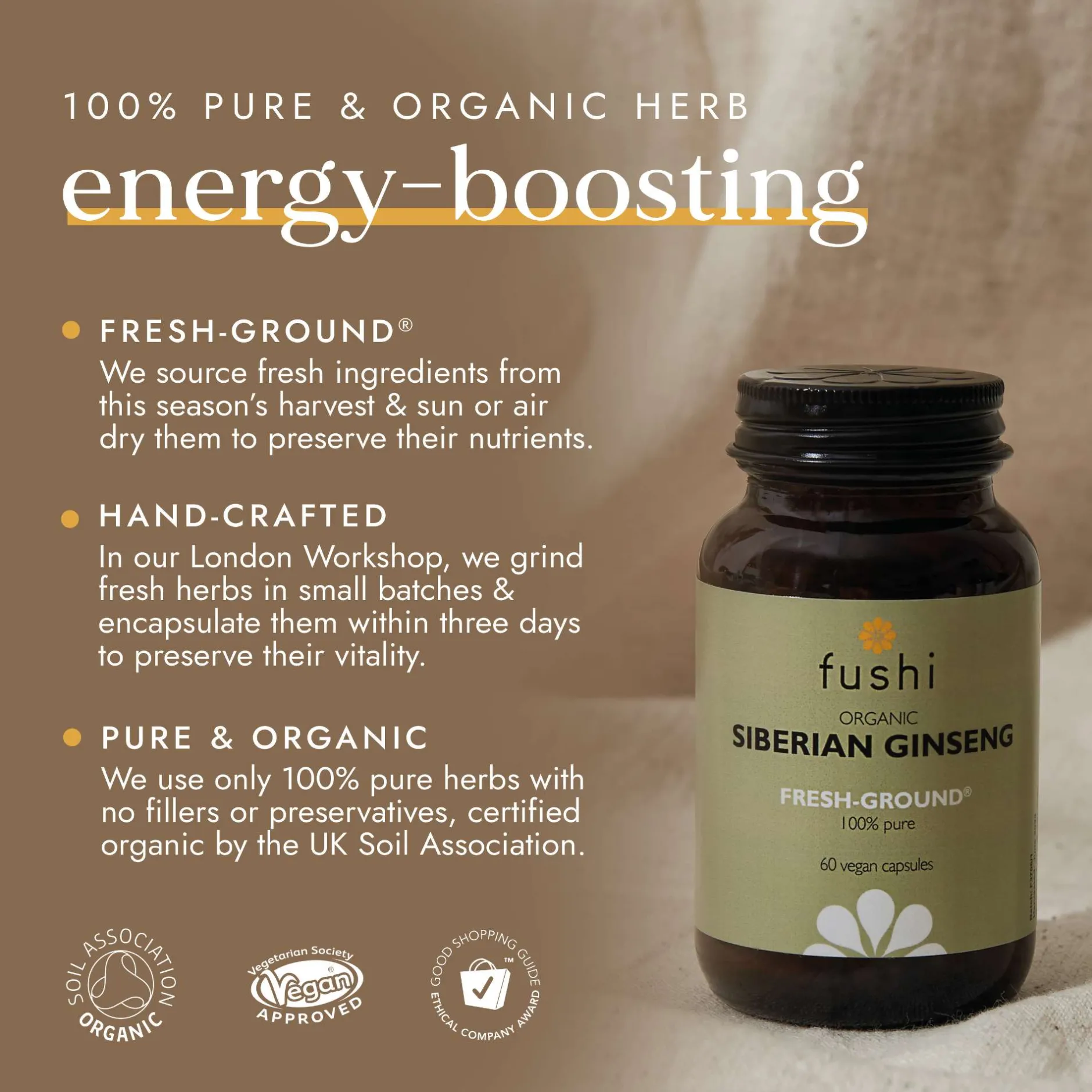 Fushi Single Herb Supplements Organic Siberian Ginseng x 60 Capsules Outlet