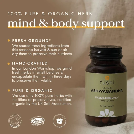 Fushi Single Herb Supplements Organic Ashwagandha x 60 Capsules Clearance