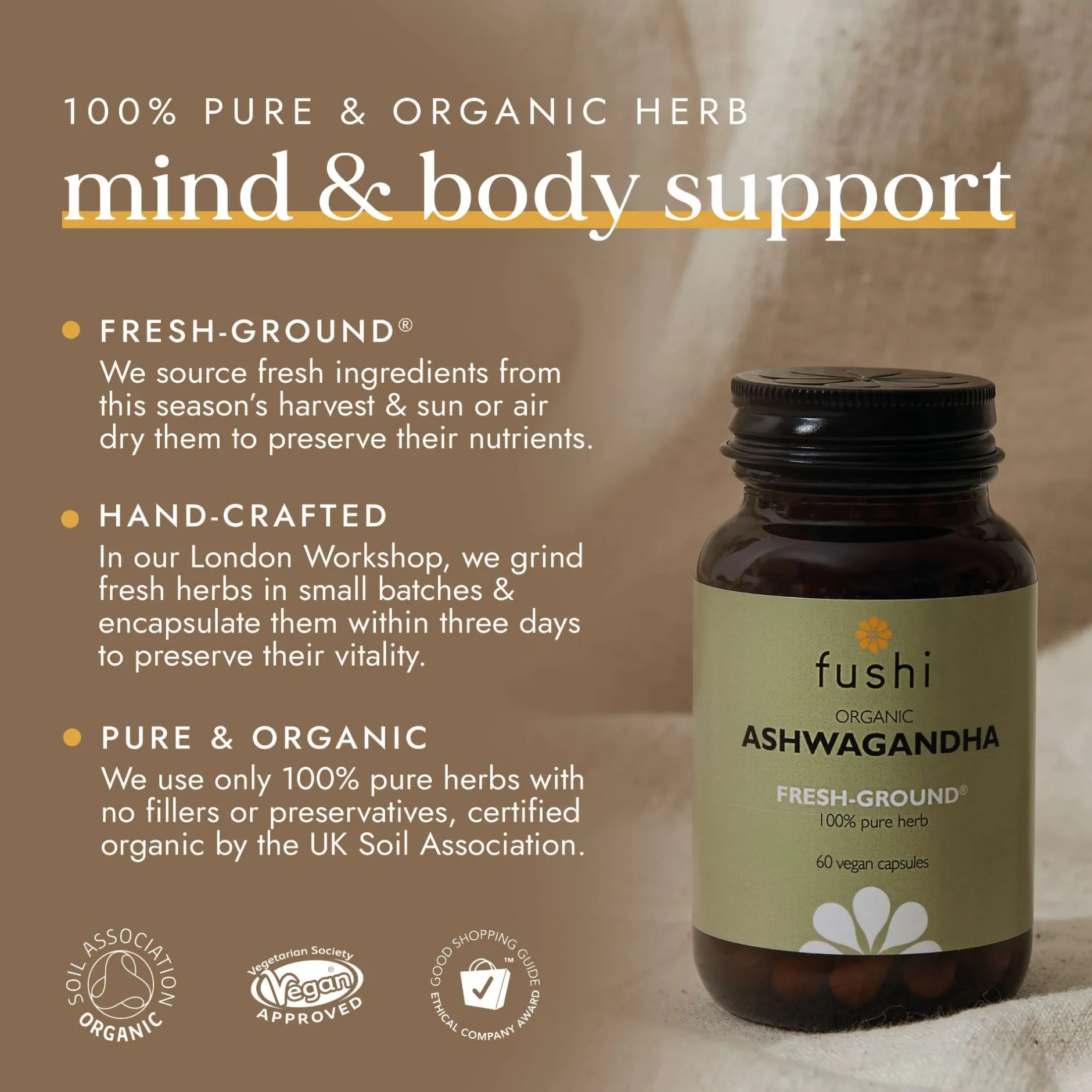 Fushi Single Herb Supplements Organic Ashwagandha x 60 Capsules Clearance