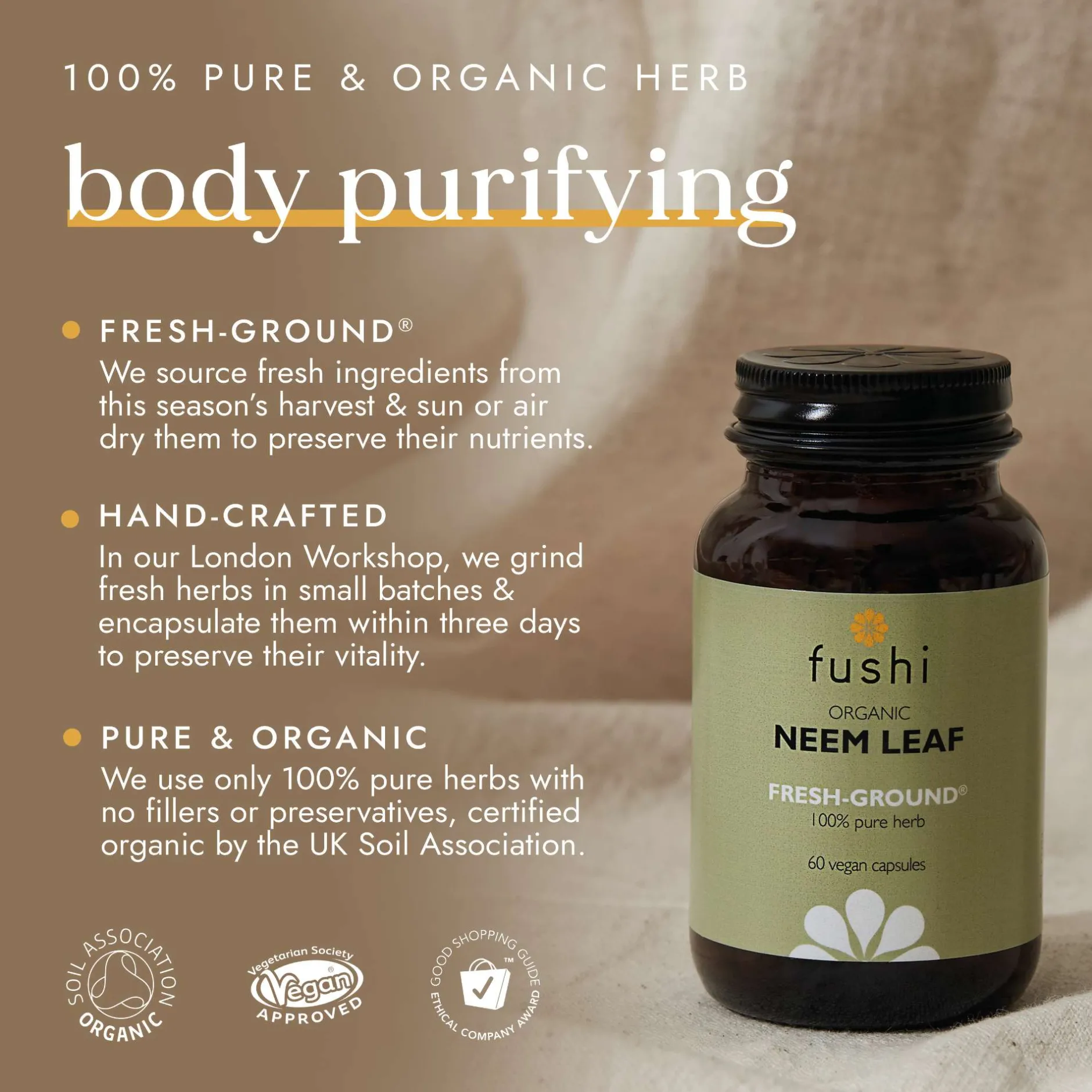 Fushi Single Herb Supplements Organic Neem Leaf x 60 Capsules Best