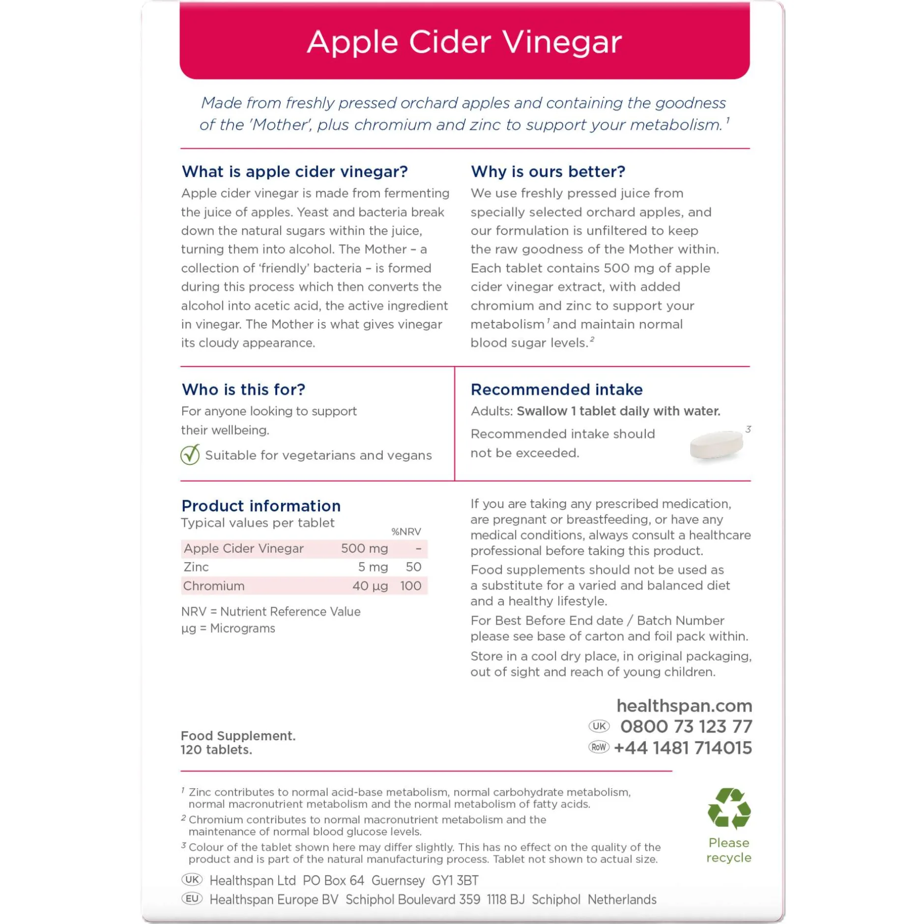 Healthspan Vitamins & Supplements Apple Cider Vinegar Tablets x 120 Clearance