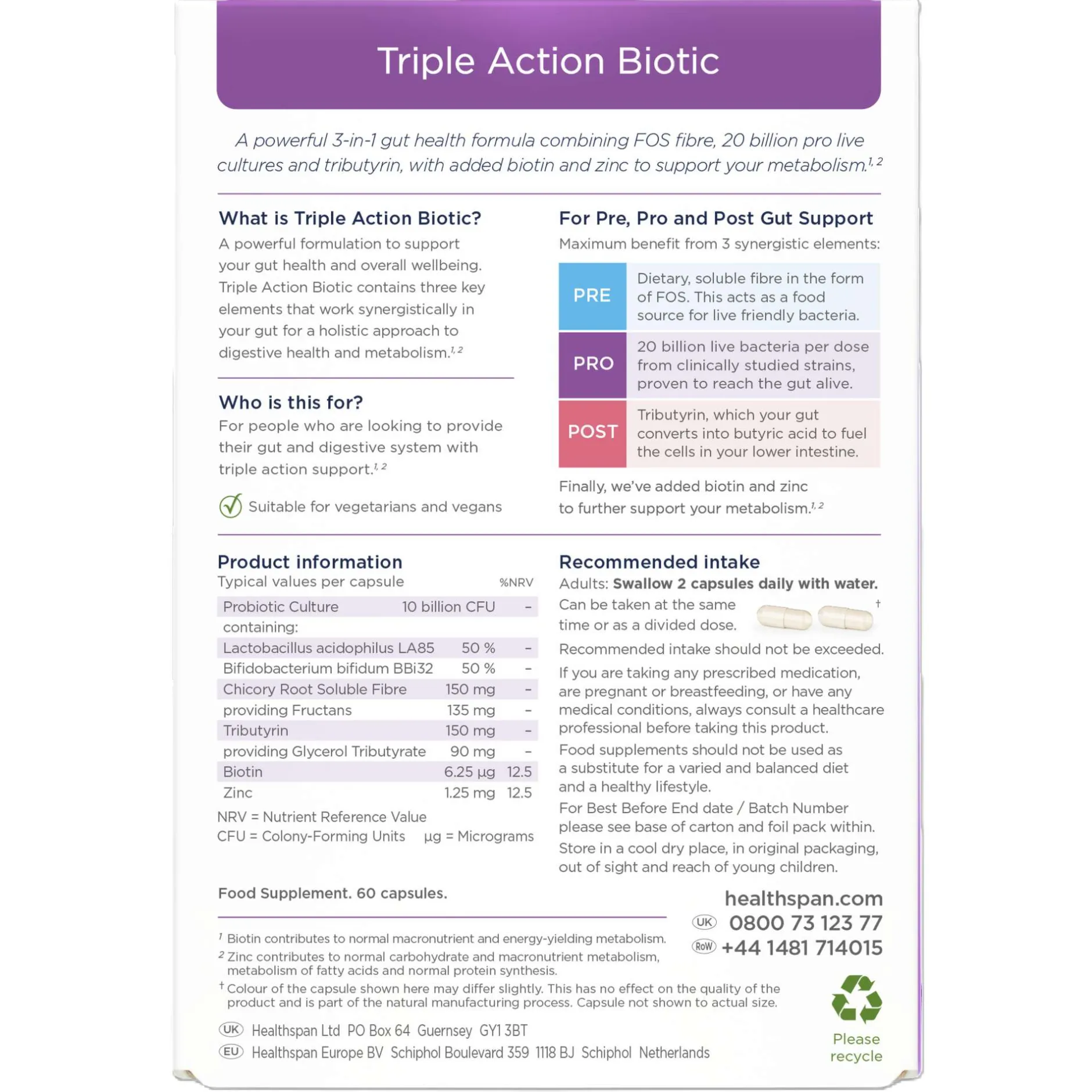 Healthspan Vitamins & Supplements Triple Action Biotic Capsules x 60 Hot