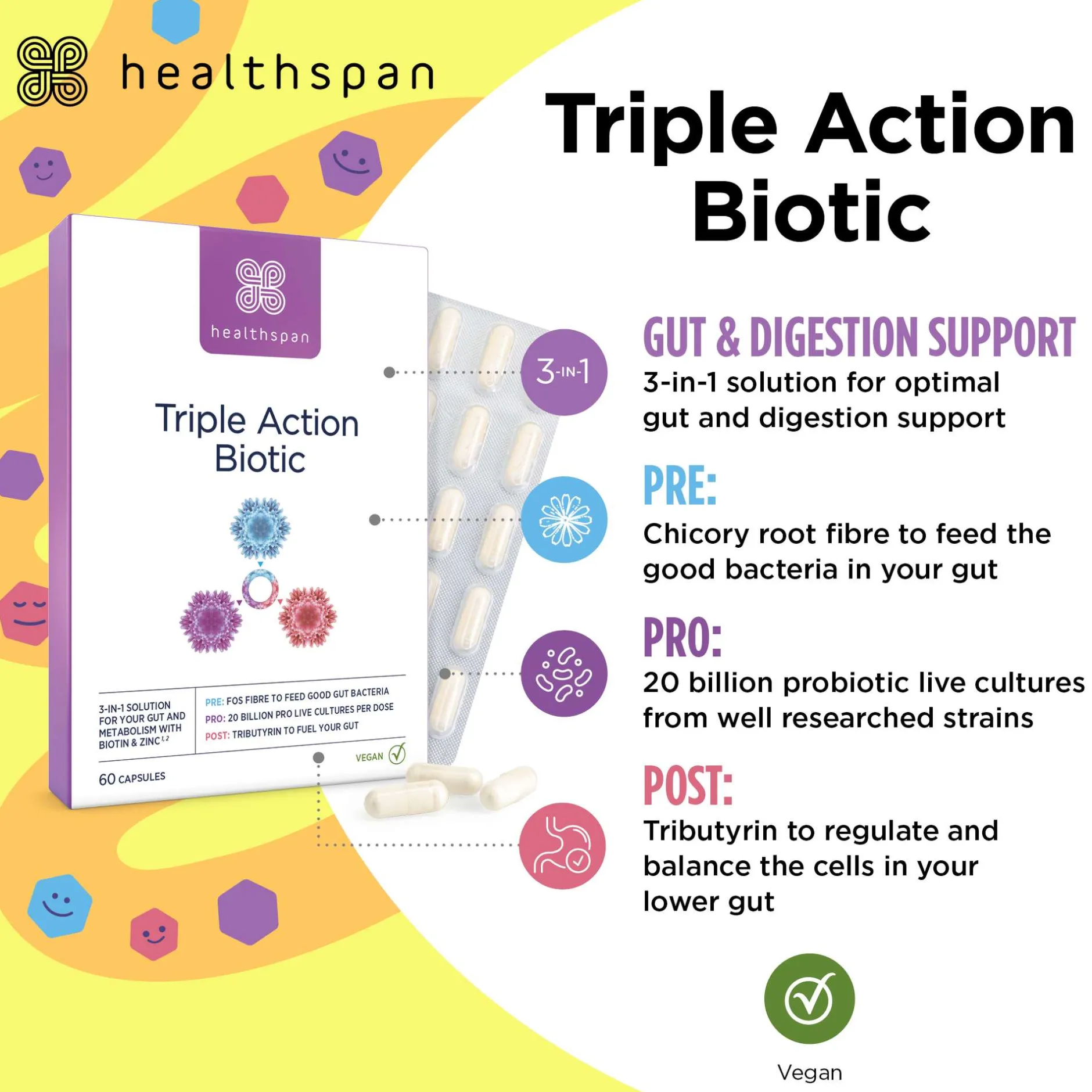 Healthspan Vitamins & Supplements Triple Action Biotic Capsules x 60 Hot