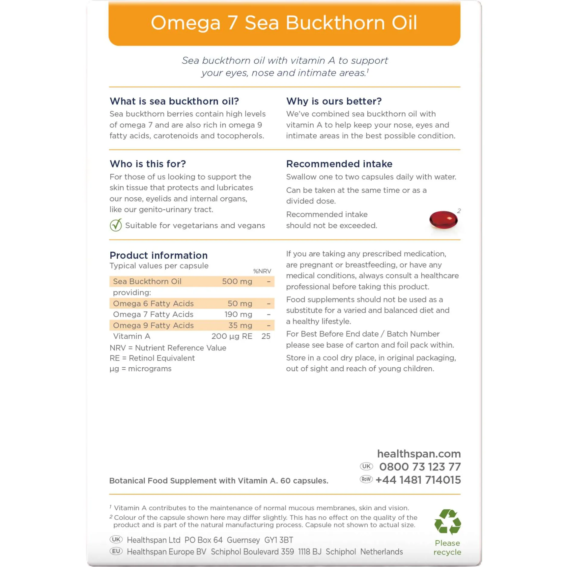Healthspan Vitamins & Supplements Omega 7 Sea Buckthorn Oil Capsules x 60 Hot