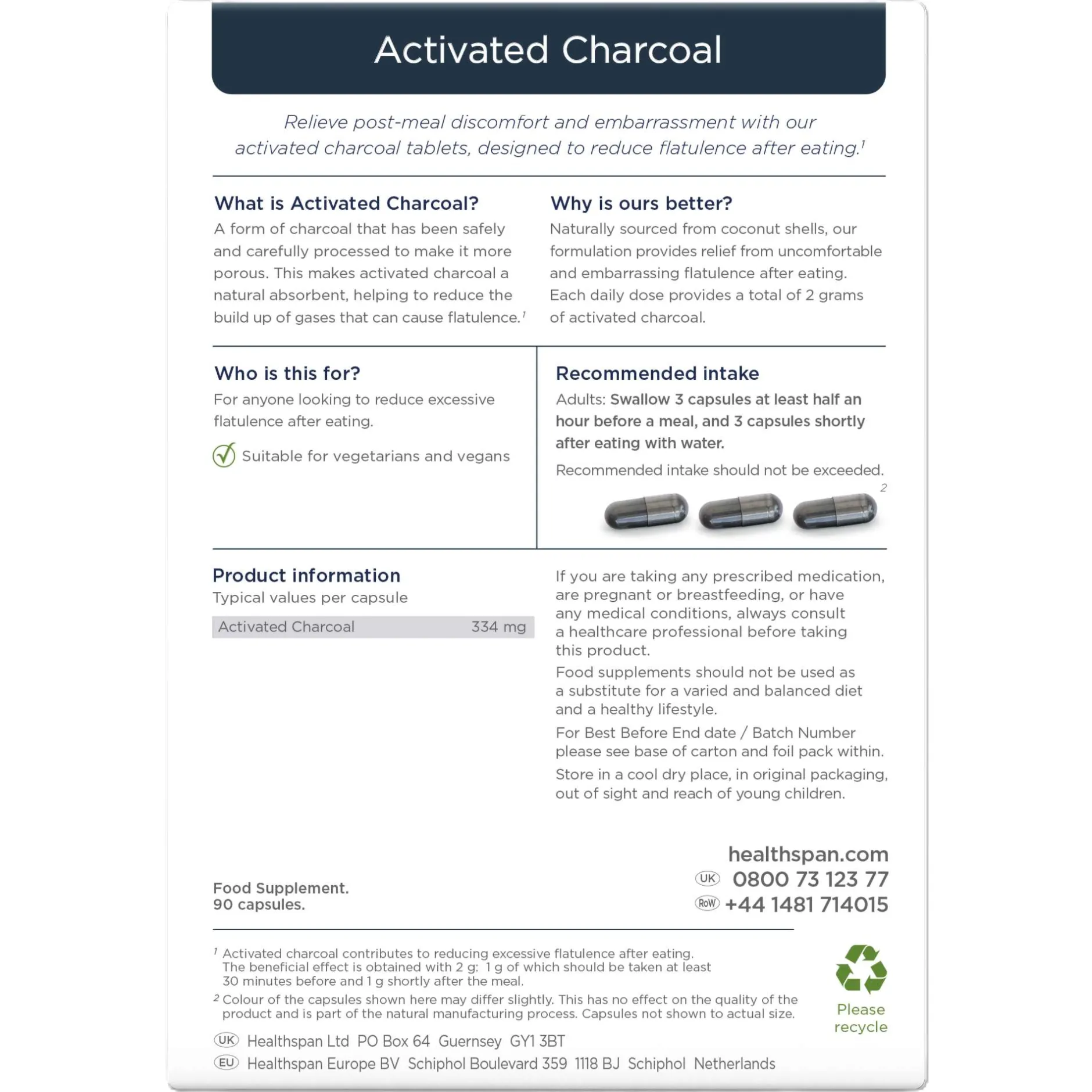 Healthspan Vitamins & Supplements Activated Charcoal Capsules x 90