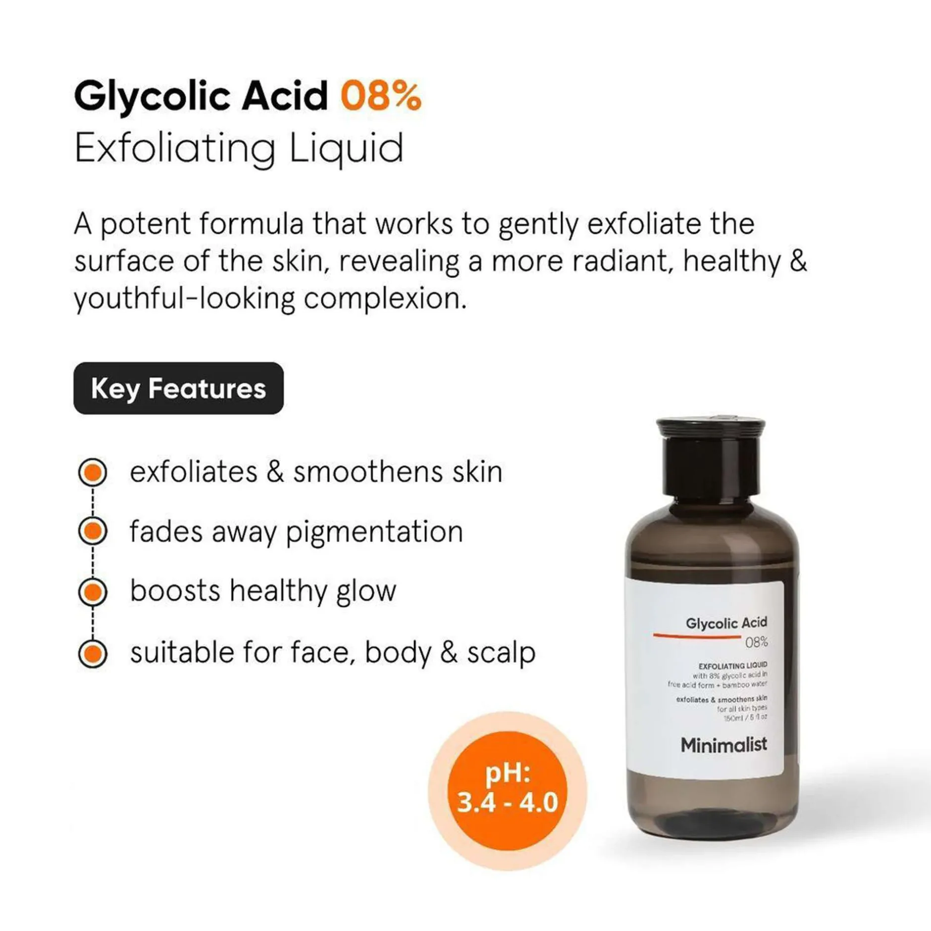 Minimalist Skin Care Glycolic Acid 08% Exfoliating Liquid 150ml