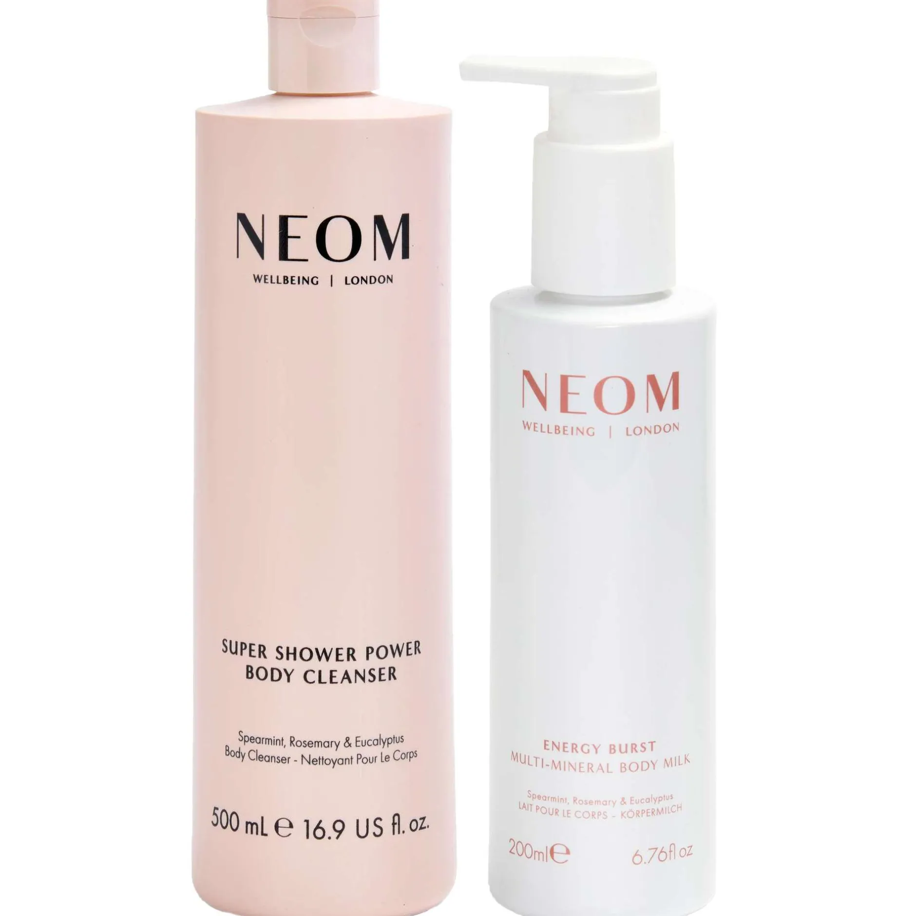Neom Wellbeing London Bundles Duo: Super Shower Power Body Cleanser & Energy Burst Multi Mineral Milk New