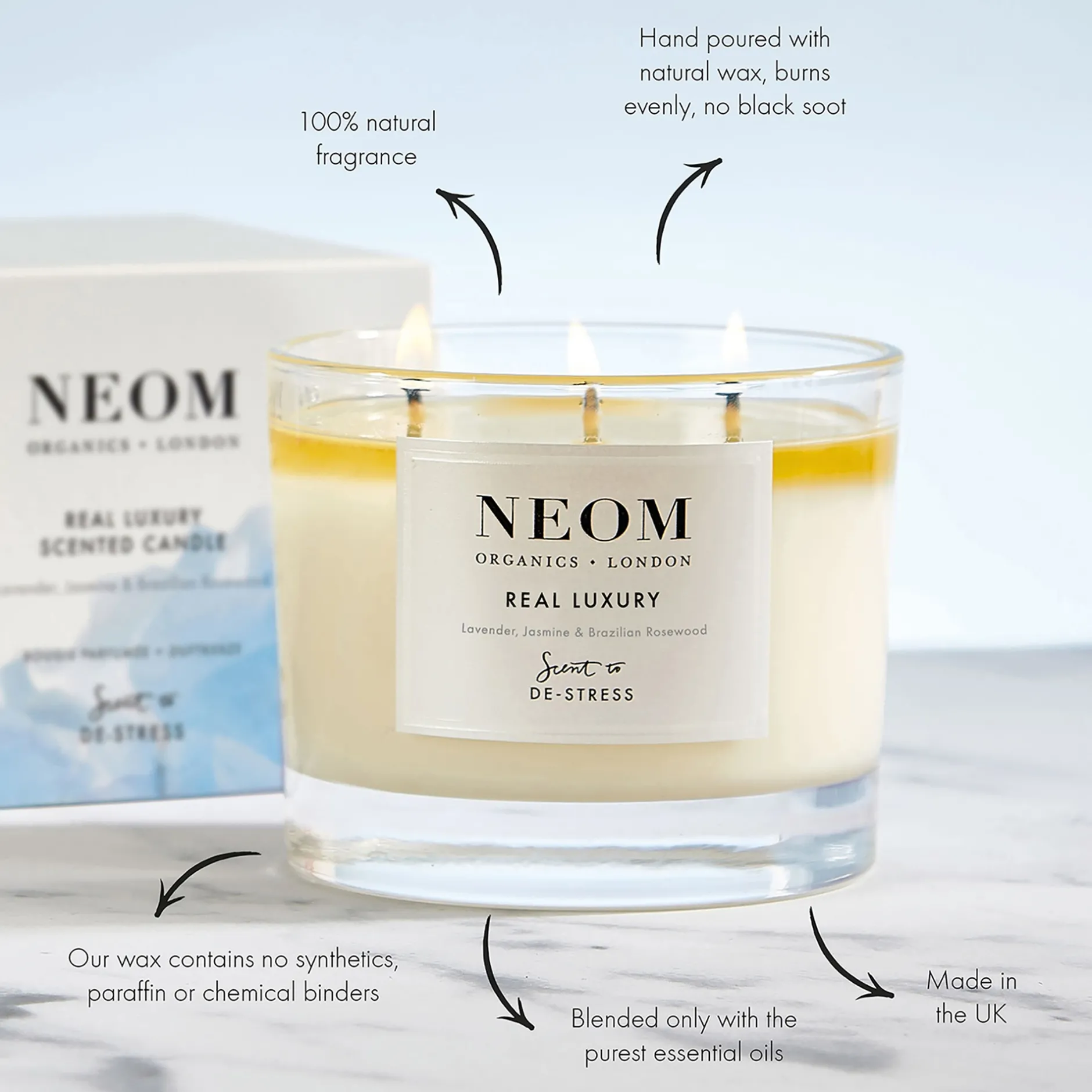 Neom Wellbeing London Scent To De-Stress Real Luxury Candle (3 Wicks) 420g Clearance